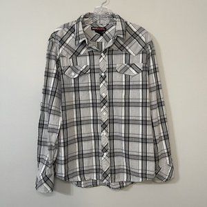 Tony Hawk Shirt Mens‎ Med White Gray Black Plaid Western Double Pocket